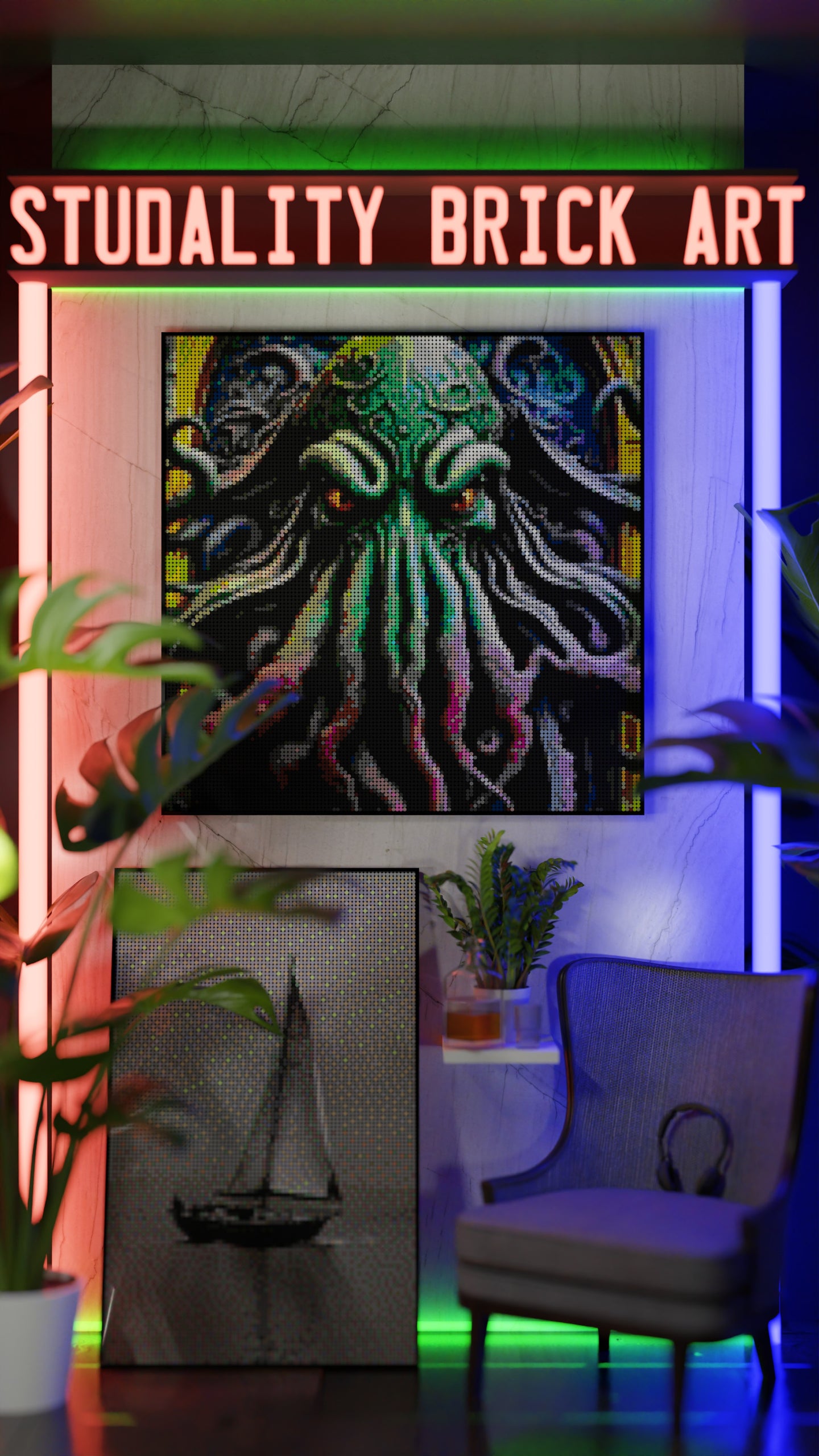 Arrival of Cthulhu LEGO® Style mosaic wall art made from colorful plastic bricks